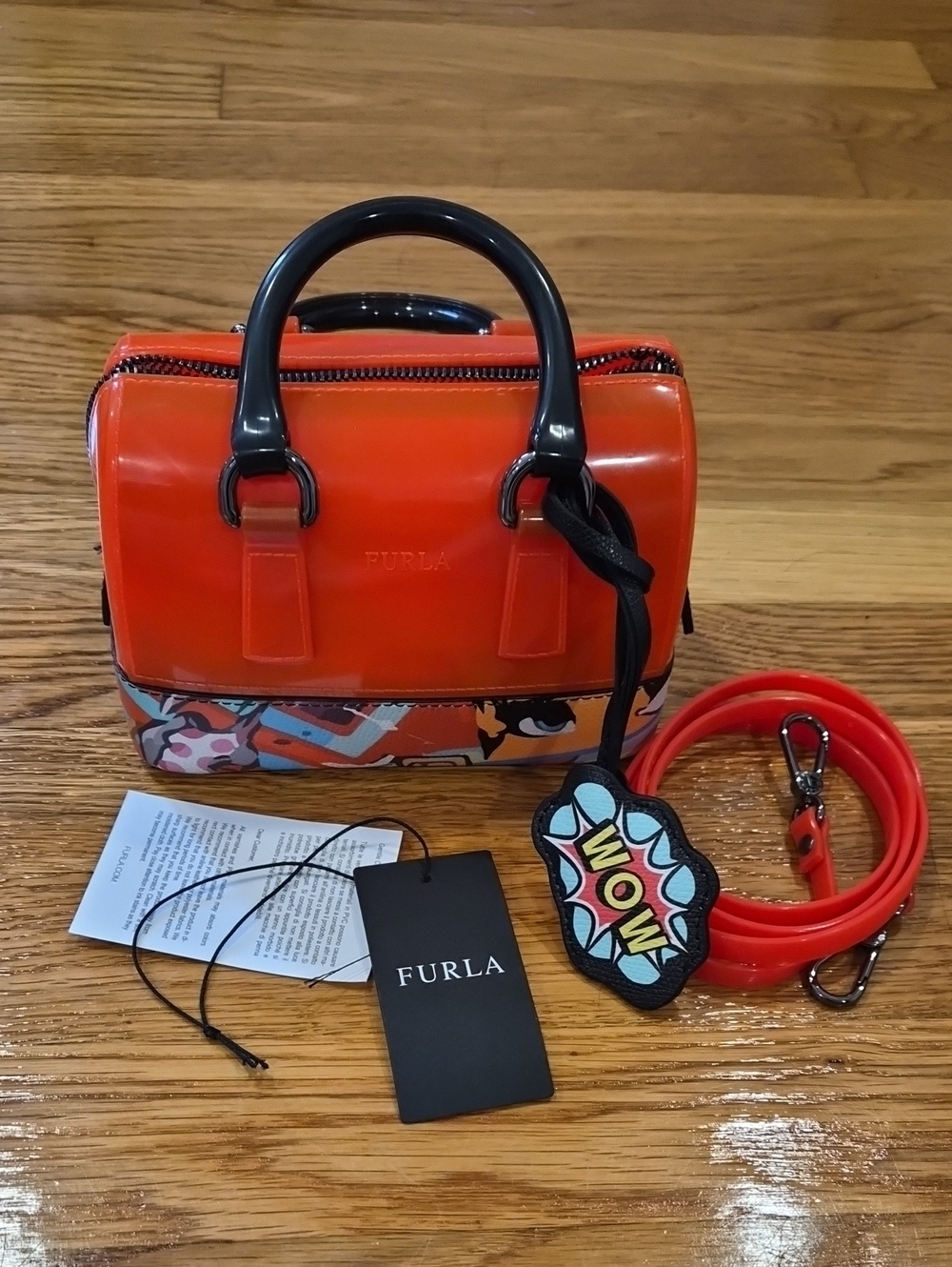 Furla Candy Bag Neon Orange Mini Satchel with Black Handles and Pop-Art Tag